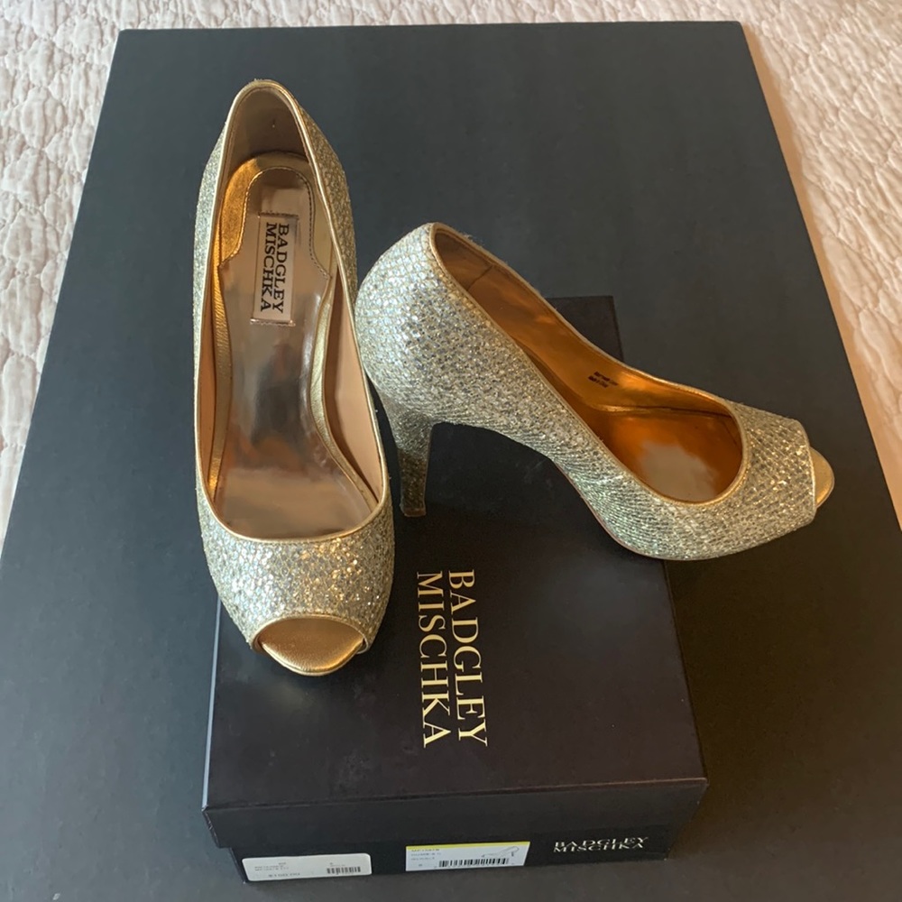 Badgley Mischka Gold Glitter Open-Toe Pumps